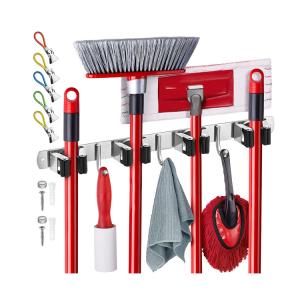 Wall Hanging with 5 Racks 4 Hooks Stainless Steel Heavy Duty Mop Broom Holder  - 副本