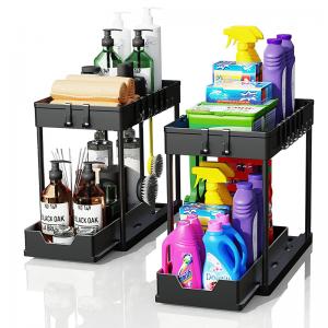 Under Sink Organizers and Storage, 2-Tier Sliding Cabinet Basket Organizer with Hooks for Bathroom Kitchen