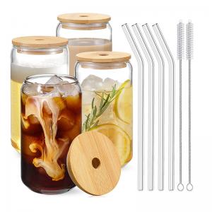 Wholesale Glass Beer Can Cup 16oz Sublimation Soda Cup Shaped Glass with Bamboo Lid and Straw