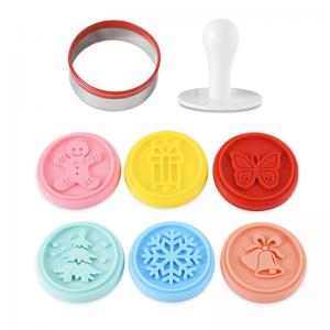 6 Colorful Silicone Cookie Stamps Press, Ring Cutter and Handle for Christmas and Daily Baking