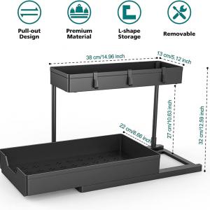 2-Tier Under Sink Organizers and Storage Sliding L-shape Under Bathroom Kitchen Cabinet Organizers Narrow Space Storage