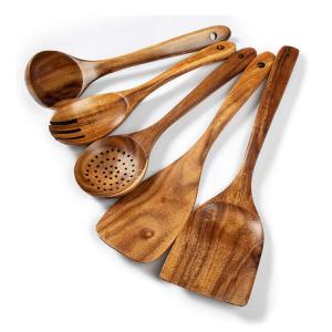 Wooden Cooking Utensils,Teak Wooden Spoons for Cooking Wood Utensil for Nonstick Cookware,Kitchen Utensils Set 5