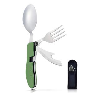 Multi Function 4-in-1 Foldable Stainless Steel Fork Spoon Knife and Bottle Opener Combination Kits Camping Travel Utensil Set