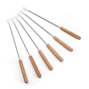 Set of 6 Stainless Steel Fondue Forks Wood Handle 