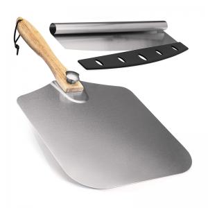 Easy Storage Pizza Paddle Aluminum Metal Pizza Peel with Foldable Wood Handle and Rocker Cutter