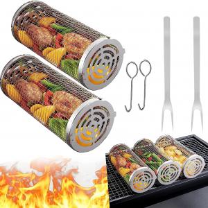 Rolling Grilling Basket Barbecue Grill Accessories Barbecue Rack Stainless Steel Grill Baskets for Outdoor