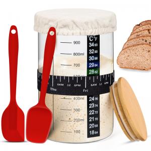 Wide Mouth Sourdough Starter Kit 35 oz/1000ml Wood Lid Jar Thermometer Silicone Scraper Cloth Cover Date Band Bread Baking